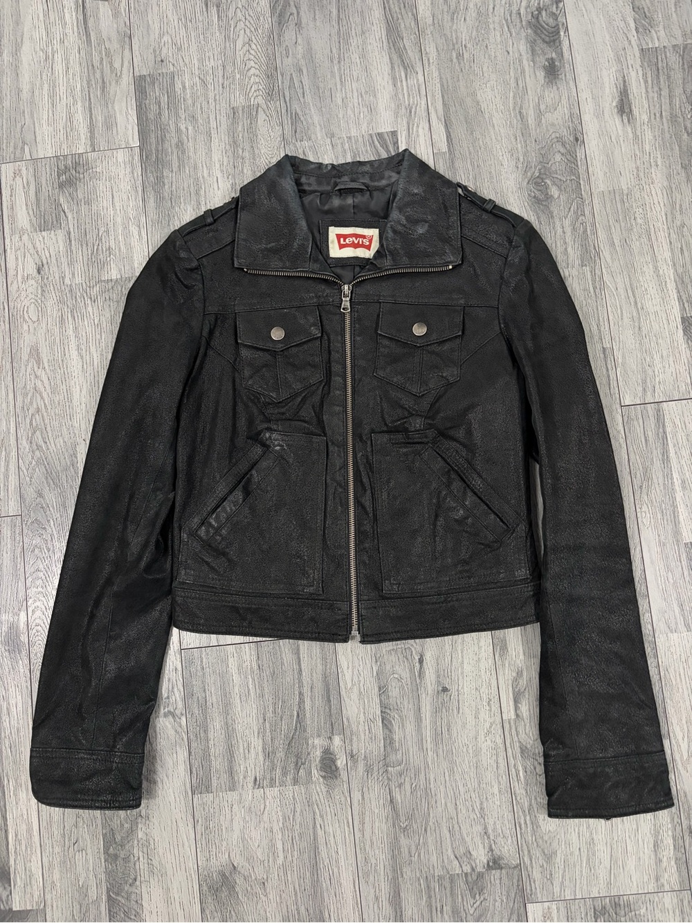 Levi's Black Genuine Waxed Leather Zip Trucker Jacket with Flap Pockets